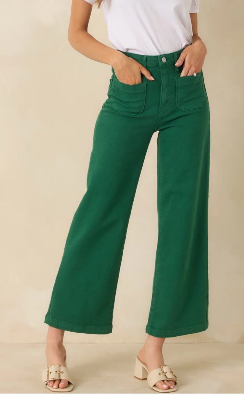 Rollas High Waisted Wide Leg Kelly Green Jeans Patch Pockets Womens Size 31